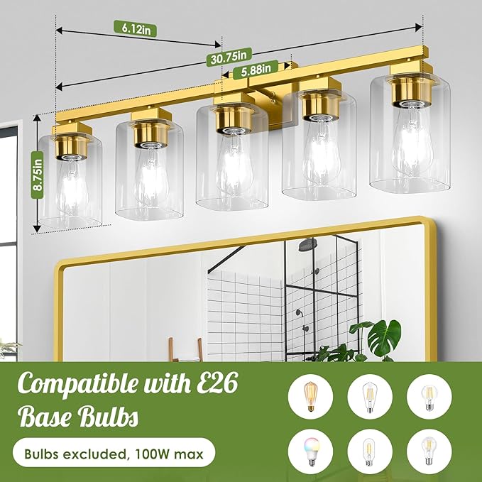 BesLowe 30" 5-Light Bathroom Light Fixture, Gold Bathroom Vanity Light, Bathroom Lighting Fixtures Over Mirror, Gold Bathrom Wall Lamp, Wall Lights for Living Room Bedroom Hallway
