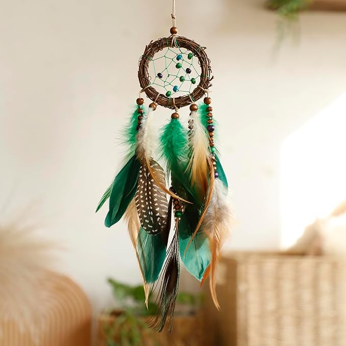 Mini Dream Catcher for Car Rear View Mirror Accessories - Handmade Small Green Dreamcatchers Boho Car Charm Interior Native Ameican Indian Ornament Room Decor