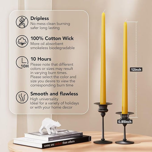 12-Inch Tall Dripless Taper Candles Set of 4 - Mustard Yellow Tapered Candles, Perfect for Spring - Smokeless, Unscented, Long Burning - Hand Poured, Colored Tall Candlesticks - Mustard
