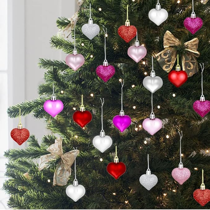 48 Pieces Valentine's Day Heart Baubles Ornaments Valentine's Day Heart Shaped Ornaments for Valentine's Day Decoration or Wedding Anniversary Party Supplies, 4 Colors in 3 Styles