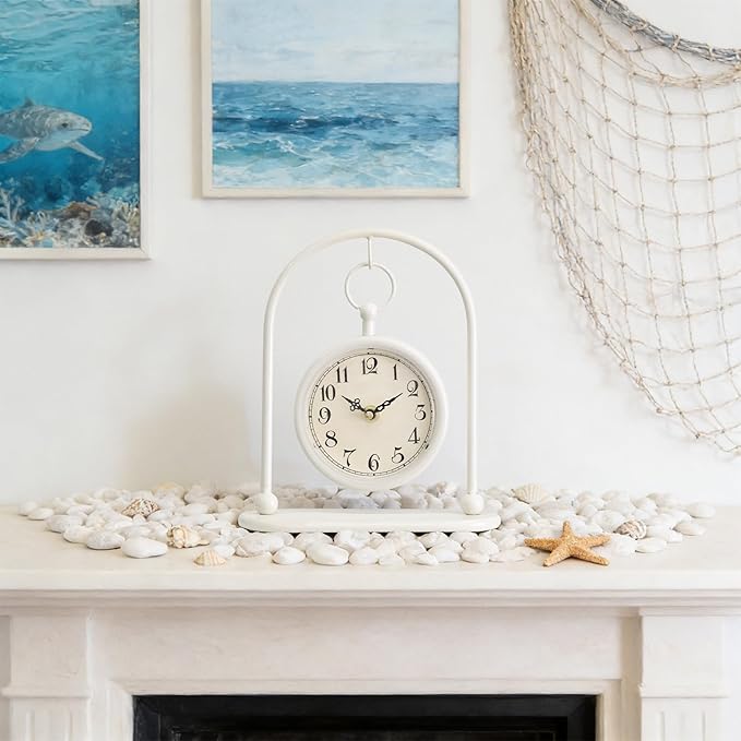 Vintage Small Table Clock, Farmhouse Table Clock, Silent Non-Ticking Battery Operated Desk and Shelf Clocks for Living Room Bedroom Kitchen Home Decor-Cream
