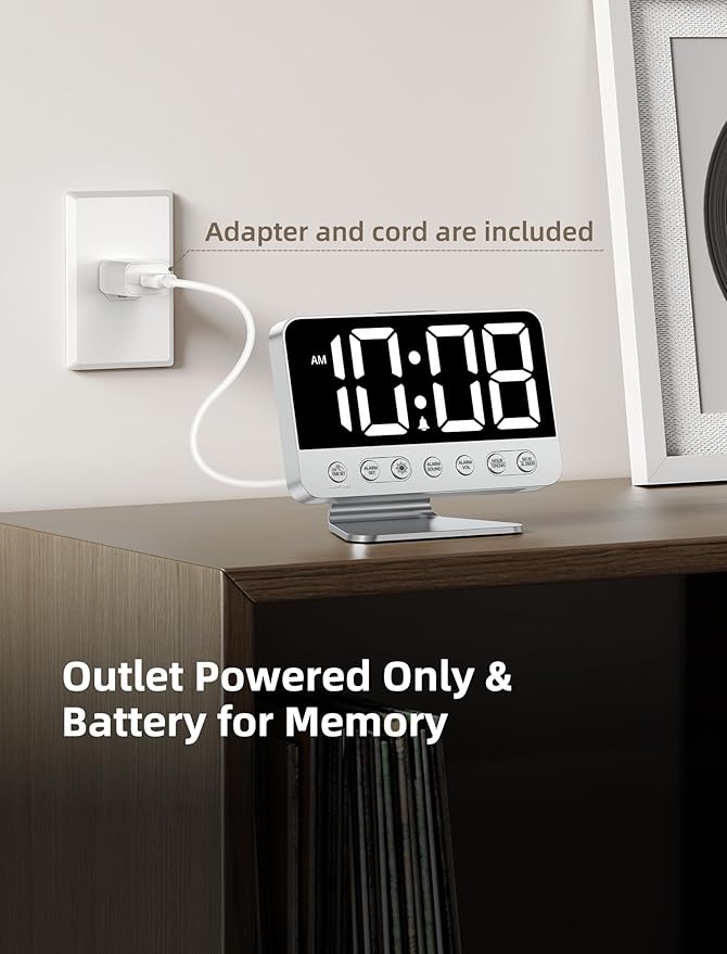 Digital Alarm Clocks for Bedrooms: Large Bold Number 5 Brightness Dimmer - Easy to Read Across The Room - 5 Alarm Sound 8 Night Light - Silver
