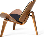Hans Wegner Style Three-Legged Shell Chair Ash Plywood Accent Chair with Black Faux Leather Upholstery Living Room Furniture Mid-Century Modern Shell Chair - Walnut Wood - Black