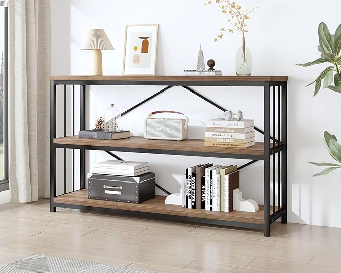 IBF 3 Tier Bookshelf Storage Organizer, Industrial Short Wide Open Horizontal Bookcase, Farmhouse Low Wood Metal Book Shelf for Office, Modern Vintage Etagere in Bedroom Living Room, Rustic Oak, 47 In