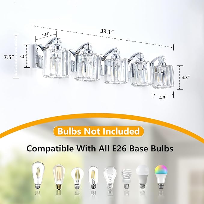 5-Light Modern Bathroom Light Fixture Chrome Vanity Lights Over Mirror Wall Sconce Lighting with K9 Crystal Shades Bathroom Wall Lamp E26 Base for Bedroom, Living Room, Hallway