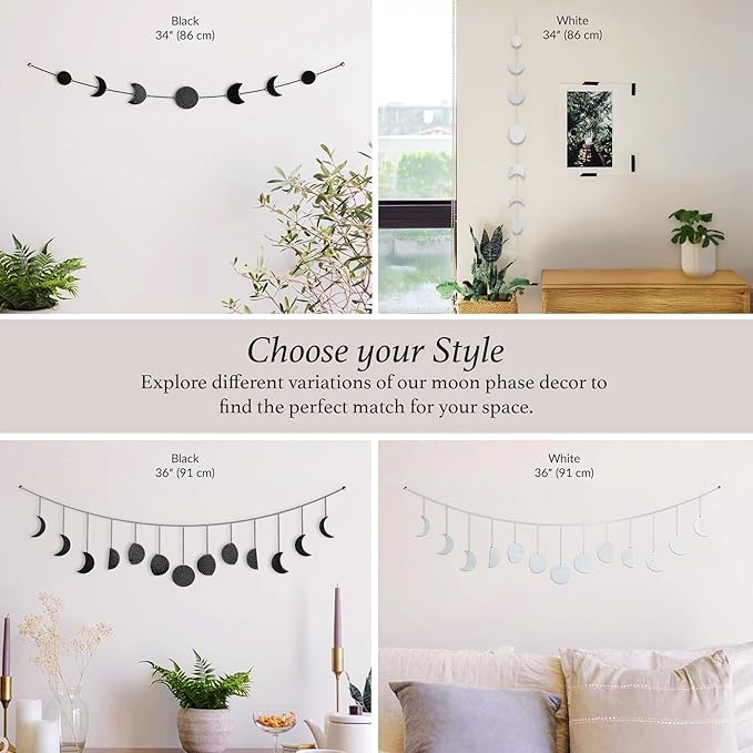 BASE ROOTS Moon Phase, White Wall Decor for Bedroom & Living Room, Bohemian Wall Decor, Handmade Hammered Metal 34" 7 Phases Moon, Celestial Wall Art, Gift for Women & Kids
