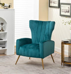 Modern Velvet Accent Chair, Channel Tufted Bedroom, Office or Living Room Furniture with Elegant Metal Legs, 26" Wide Armchair, Blueish Green