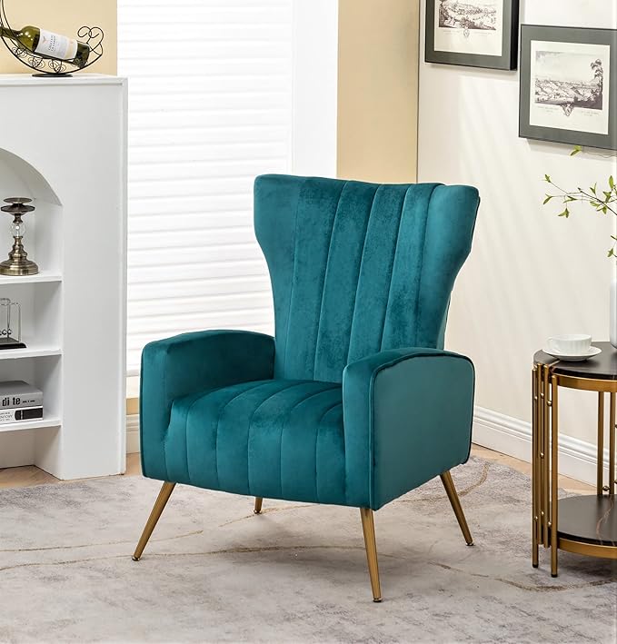 Modern Velvet Accent Chair, Channel Tufted Bedroom, Office or Living Room Furniture with Elegant Metal Legs, 26" Wide Armchair, Blueish Green