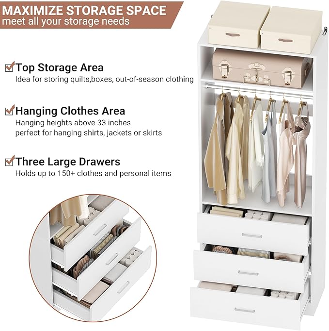 Closet System Set of 2, 4FT Closet Systems with 6 Wood Drawers, 48" Closet Organizer System with 2 Hanging Rods & 2 Shelves, Heavy Duty 48 Inch Walk-in Closet , White (48"L x 15" W x 80" H)