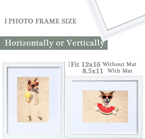 12x16 Picture Frame White - Real Glass,Wooden 12 by 16 Collage Gallery Frames, Display Pictures 8.5x11 with Mat or 12x16 Without Mat for Table Top and Wall Mounting Home Gifts