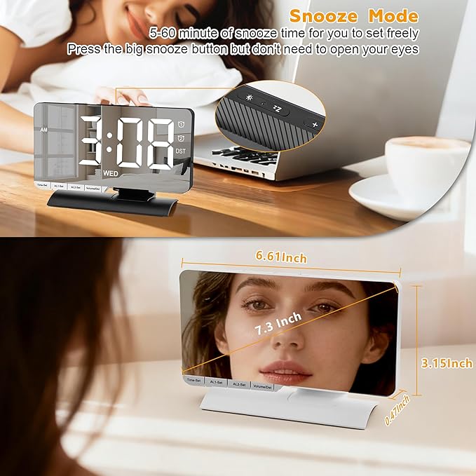 SZELAM Digital Clock,Alarm Clock Bedside,7.3'' Large LED Mirror with Date Display,Dual Alarm with 3 Mode,Brightnee Adjust,DST,Snooze Function,USB C Charging Port,5 Levels Volume for Desk Bedroom Teens