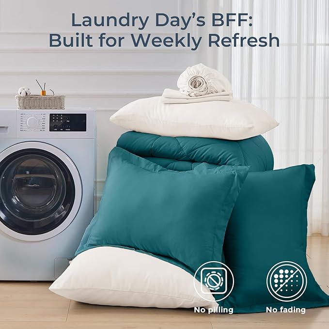 HEVUMYI Full Comforter Set - 7-Piece All Season Bed in a Bag Full, Ultra Soft Bedding Set with Comforter, Flat Sheet, Fitted Sheet, Pillowcases, Pillow Shams, Peacock Blue & Ivory