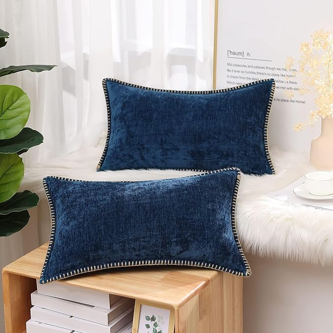 decorUhome Spring Chenille Soft Cozy Throw Pillow Covers 12x20 Set of 2, Modern Farmhouse Boho Velvet Decorative Pillow Cases with Stitched Edge for Couch Sofa Bed Home Decor, Poseidon