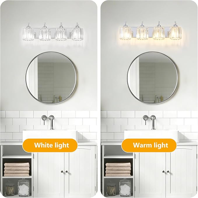 4-Light Modern Bathroom Light Fixture Chrome Bathroom Vanity Lights Over Mirror Wall Sconce Lighting with K9 Crystal Shades E26 Base for Bedroom, Living Room, Hallway, Cabinet Wall Lamp