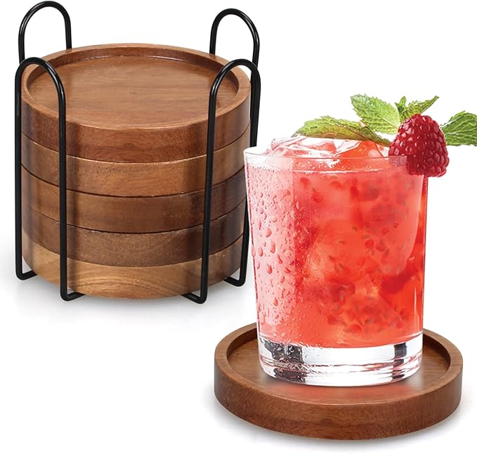 6 Pcs Best Wooden Coasters with Holder Coffee Table Decor Acacia Wood Coaster Set Modern Cup Coaster for Drink Home Dining Table Kitchen Accessories Cute Beer Bar Decorative Rustic Outdoor Coasters