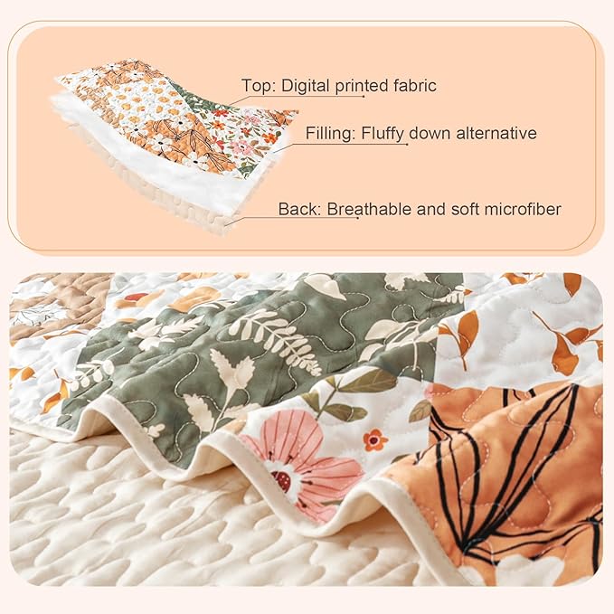 Whale Flotilla Patchwork Quilt Twin Size, Extra Soft Boho Floral Bedspreads for Bed Reversible Lightweight Twin Quilt Bedding Set Printed Coverlets with 1 Pillow Sham for All Seasons, Orange