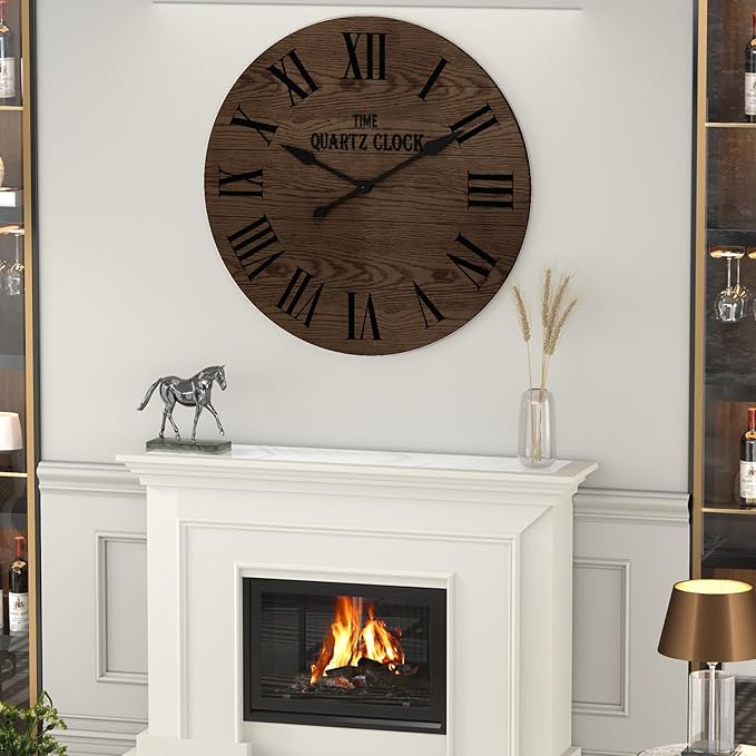 ARTPOWER Large Farmhouse Wall Clock, 35.5” Shiplap Wall Clock with Roman Numeral, Nearly Non-Ticking, Round Wall Clocks for Living Room Decor, Office, Bedroom, Entrance, Brown
