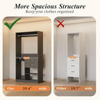 Flrrtenv Closet System, 6.8-9.8Ft Closet Organizer with 2 Wooden Drawers and Pull-out Pants Organizer Rod, Walk-in Wood Closet Organizer Wardrobe Clothes Rack with 3 Hanging Rods, Garment Rack, Black