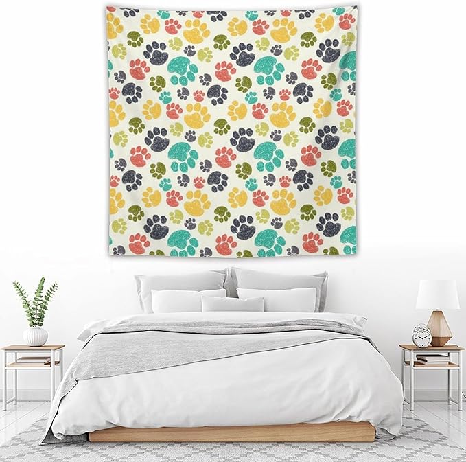 VUMIVI Dog Paw Tapestry Hand Painted Colorful Animal Footprints Doodle Kids Painting Tapestry Wall Hanging for Living Room Bedroom Dorm Classroom Aesthetic Decor W60xL60in