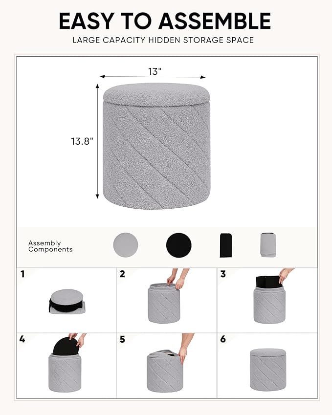 Round Ottoman with Storage, Boucle Foot Rest Stool with Reversible Tray Lid, Folding Teddy Ottoman Coffee Table for Dorm Living Room Bedroom Entryway, Grey,13" x 13" x 13.8"