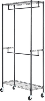 Amazon Basics Adjustable, Double Hanging Rod Garment Rolling Closet Organizer Rack with Wheels, Heavy Duty, Black, 36'' x 14'' x 72'', WI-GAR1436B
