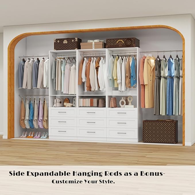 Dilando Closet System with Drawers, 6FT Wood Closet Organizer System 24" Walk-in Closet Corner Small Closets Storage Clothes Rack with Hanging Rods White (6FT)