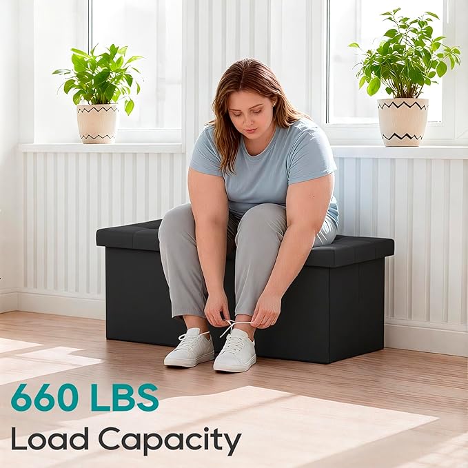 FDW 30 Inches Folding Storage Ottoman Bench, End of Bed Foot Rest Stools Ottoman Storage Chest, Holds up to 660 lb, for Entryway, Living Room, Bedroom, Black