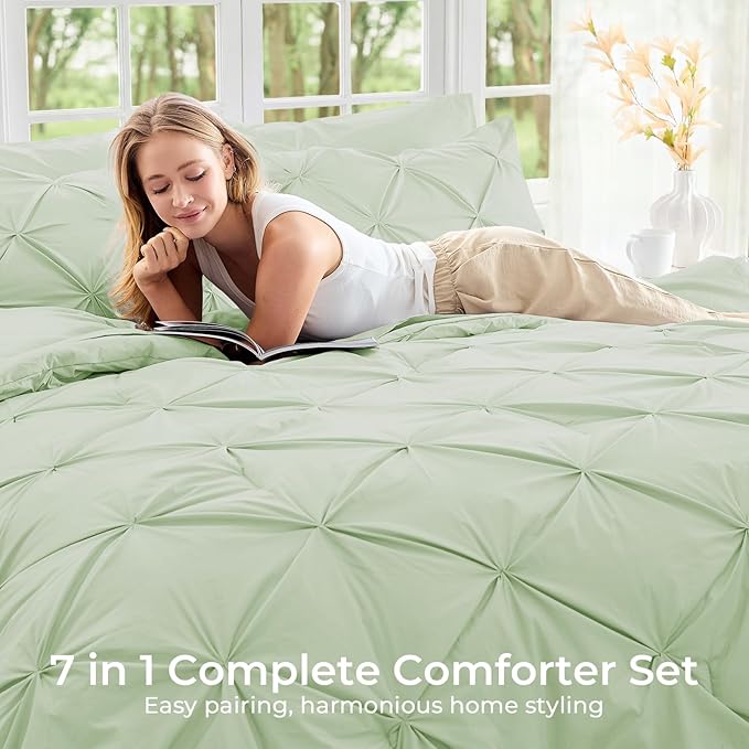 Sasttie California King Comforter Set, 7-Piece Bed in a Bag, Pintuck Bedding Sets for All Season, Includes Comforter, Flat Sheet, Fitted Sheet, Pillowcases and Pillowshams, Mint