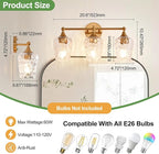 20 inch 3-Light Gold Vanity Light,Modern Wall Sconce with Rippled Glass Lampshade,Bathroom Lighting Fixture Over Mirror for Living Room,Bedroom,Hallway