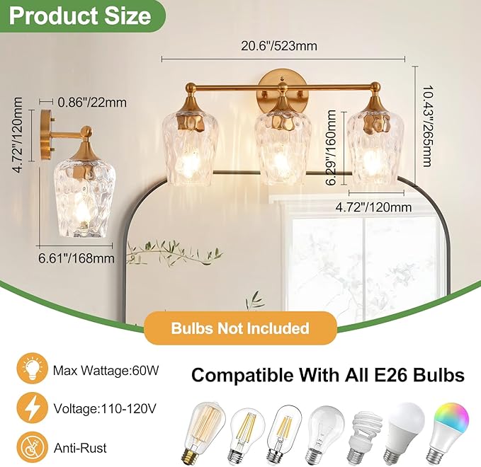 20 inch 3-Light Gold Vanity Light,Modern Wall Sconce with Rippled Glass Lampshade,Bathroom Lighting Fixture Over Mirror for Living Room,Bedroom,Hallway