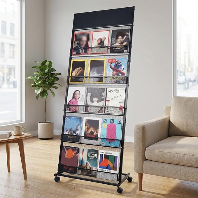 5 Layer Floor Magazine Rack Stand, 70"×27×13.6" Brochure Display Stand with 4 Universal Wheels, Detachable Magazine Display withTop Billboard, for Exhibitions, Shopping Malls, Hospitals, Offices