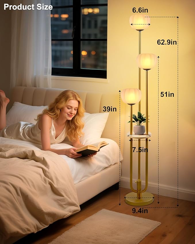 Lightdot Gold Floor Lamp with Table, Modern Dimmable Floor Lamps with Pumpkin Lampshade, 3000K Warm White Bulbs Included, 3-Light Tall Standing Lamp for Living Room/Bedroom/Sofa Beside/Corner Decor