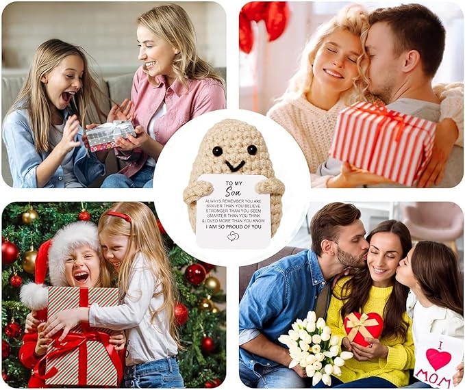 WASTIME Funny Knitted Wool Doll Toy with Positive Card - Creative Cute Mini Crochet Positive Potato Dolls Cheer Up Gift for Family Kids Friends Encouragement Decoration (B- to My Son)