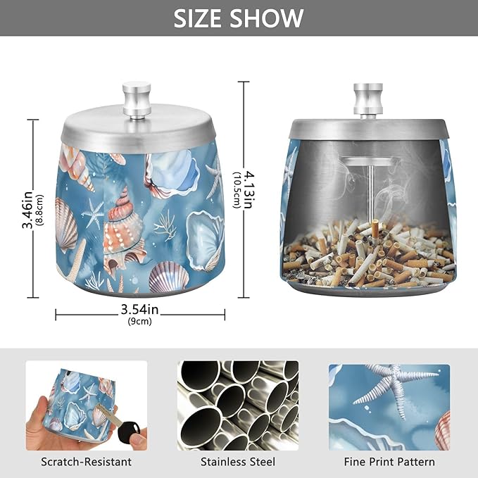 Starfish Coral Blue Ashtray with Lid, Outdoor Ashtrays for Patio, Stainless Steel Ashtray Odorless Smokeless for Home Office Balcony