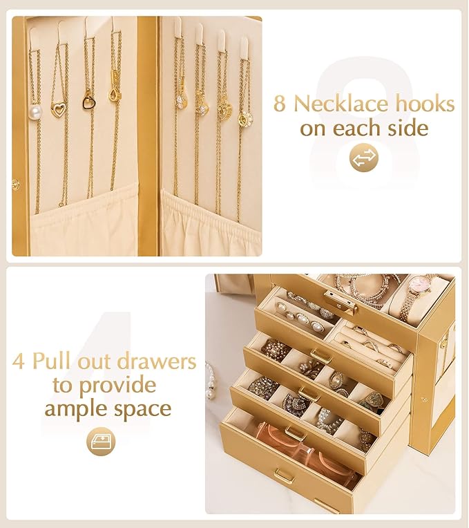 Valentine's Day Gifts Homde Synthetic Leather Huge Jewelry Box Mirrored Watch Organizer Necklace Ring Earring Storage Lockable Gift Case (Gold)