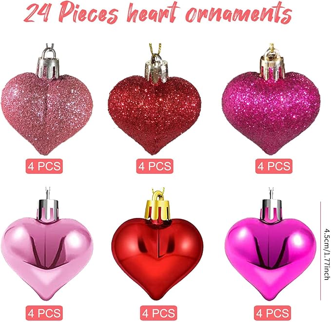 Valentine's Day Heart Ornaments for Tree - Valentine Ornaments Valentine Tree Decorations - Glitter Rose Gold Red Purple - Mini 24 Pcs