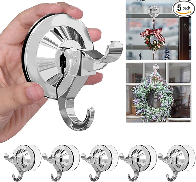 Antimbee Suction Hooks, 5 Pack Reusable Hangers, Removable Large Suction Cups for Smooth/Uneven Surfaces, Door Wreath Hanger Max Hanging up to 11 lbs (Silver)