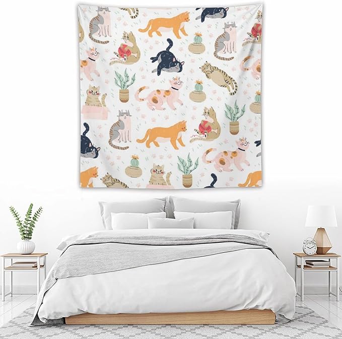 VUMIVI Cute Cat Tapestry Kids Hand-Painted Doodles Colorful Illustrations Potted Plants Paw Prints Tapestry Wall Hanging for Living Room Bedroom Dorm Classroom Aesthetic Decor W60xL60in