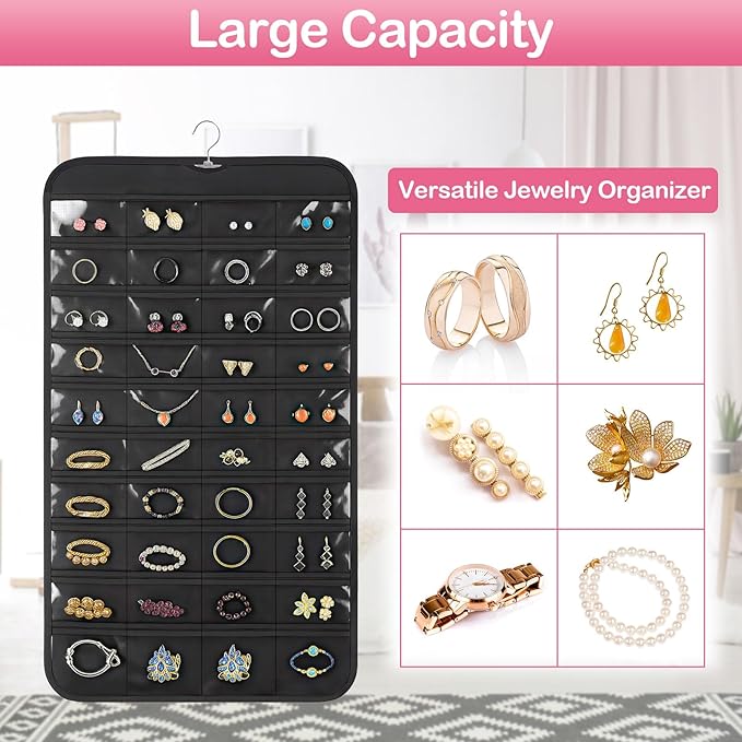 Hanging Jewelry Organizer for Closet with Swiveling Hanger, 17 x 30 In, 80 Clear Pockets Jewelry Organizer Hanging for Jewelries, Earrings, Accessories (Beige) (2, Black)