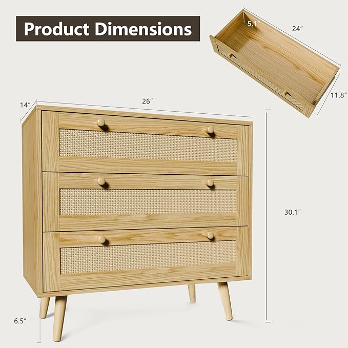 3 Drawer Dresser for Bedroom, Boho Dresser Chest with Handles for Bedroom Hallway Living Room
