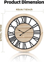 Maxstar 16'' Wall Clock for Living Room Decor, Ultra-Silent Rustic Wooden Farmhouse Wall Clock with Metal & Real Wood Frame, Battery Operated, for Kitchen Bedroom Office, Roman Numerals
