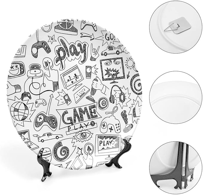 10 Inch Decorative Plate, Video Games Dinner Plate, Monochrome Sketch Style Gaming Design Print Ornament Display Plate for Fine Dining, Upscale Events, Dinner Parties, Weddings, Catering Christmas