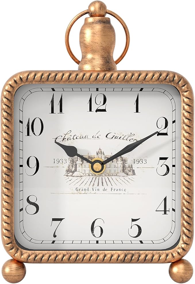 Vintage Gold Table Clock on Stand, Desk and Shelf Decor Clock, French Rustic Style Mantel Clocks for Farmhouse, Living Room, Bedroom, Bedside, Gift (8.5" H x 5.5" W)