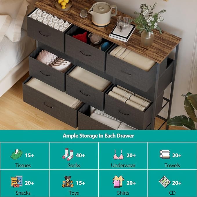 43.3" Wide Fabric Dresser for Bedroom, Chest of Drawers with 11 Deep Drawers, Multi-Drawers TV Stand TV Console, Storage Organizer for Closet, Nursery (Black)