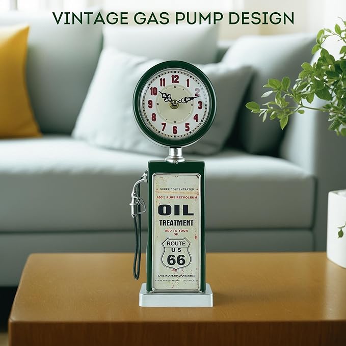 Lily's Home Old Fashioned Route 66 Gas Pump Mantle Clock, Silent-Non-Ticking with Quartz Movement, Makes an Ideal Gift for Antique Sign Collectors, Green (13 1/2" x 4 3/4")