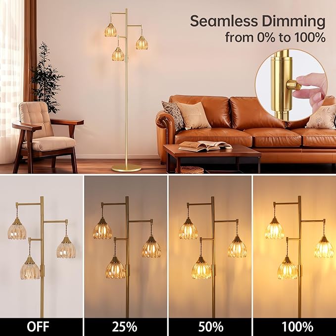 Dimmable Floor Lamp for Living Room, Bedroom, Gold Standing Lamp with 3pcs 6W Bulbs, Vintage Brass Floor Lamps for Corner, Nursery (Amber Tulip)