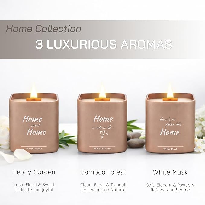 Set of 3 Premium Scented Soy Candles Gift Set | Home Collection – White Musk, Bamboo Forest & Peony Garden | Crackling Wood Wick | Luxurious Candle Set for Relaxation, Home Décor & Gifts | 9.8oz Each