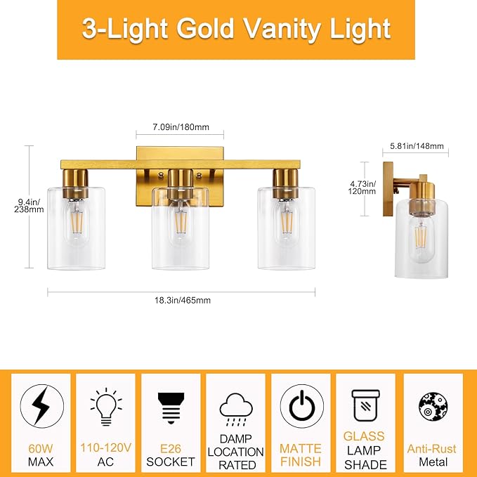 Gold 3-Light Bathroom Vanity Light, Modern Brushed Gold Vanity Lights with Clear Glass Shades, Bathroom Wall Sconce Lamp for Mirror Living Room Bedroom Hallway