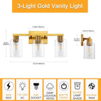 Gold 3-Light Bathroom Vanity Light, Modern Brushed Gold Vanity Lights with Clear Glass Shades, Bathroom Wall Sconce Lamp for Mirror Living Room Bedroom Hallway