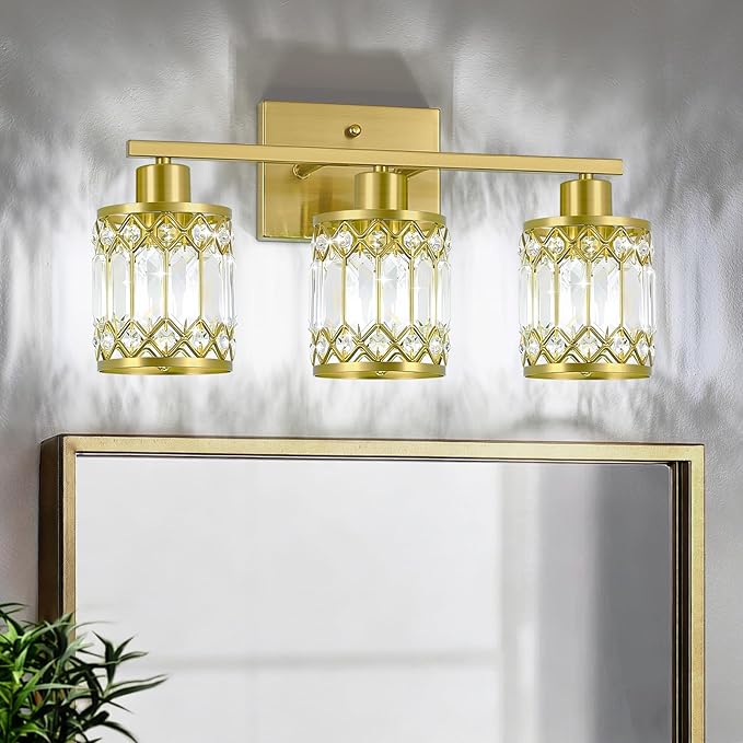 Crystal Modern Bathroom Light Fixtures, 3-Light Brushed Gold Bathroom Vanity Wall Light, Vanity Lights for Mirror, Restroom, Bedroom (E26 Socket, Bulbs Not Included)